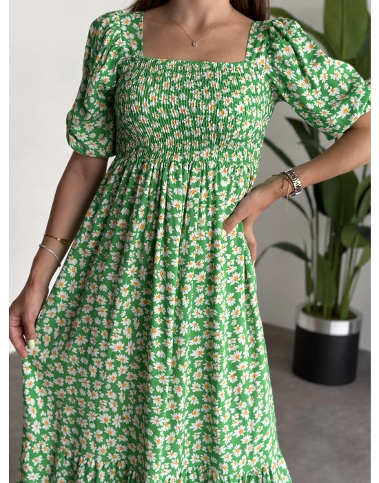 Karpuz Kol Gipeli Pamuklu Viskon Kumaş Elbise Yeşil Papatyali