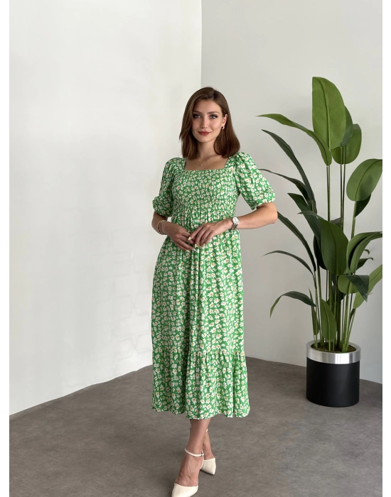 Karpuz Kol Gipeli Pamuklu Viskon Kumaş Elbise Yeşil Papatyali