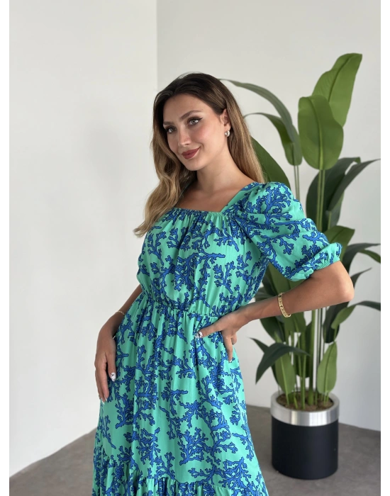 Karpuz Kol Midi Boy Pamuklu Viskon Elbise Mavi