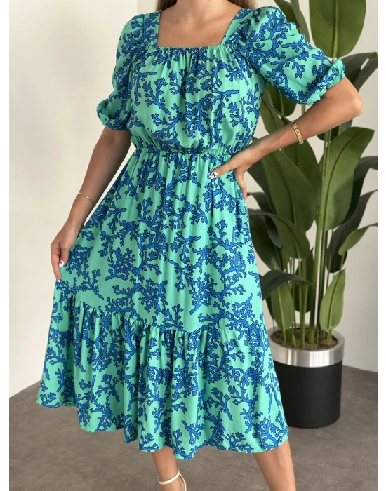 Karpuz Kol Midi Boy Pamuklu Viskon Elbise Mavi