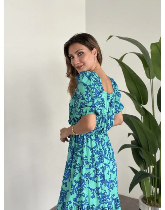 Karpuz Kol Midi Boy Pamuklu Viskon Elbise Mavi