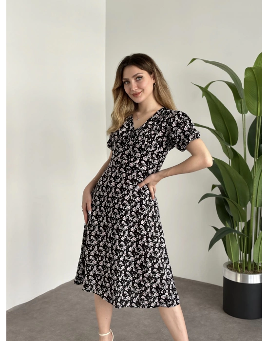 Karpuz Kol Midi Boy Pamuklu Viskon Elbise Siyah