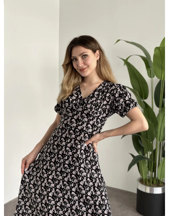 Karpuz Kol Midi Boy Pamuklu Viskon Elbise Siyah