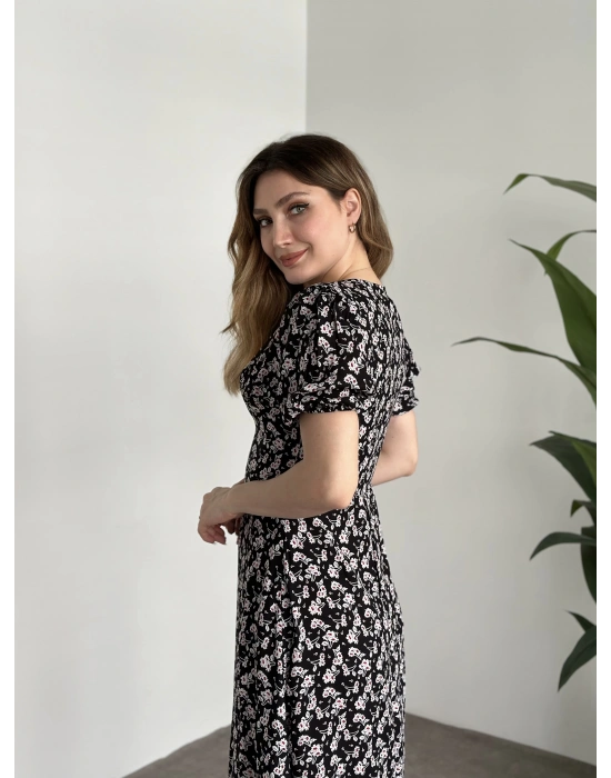 Karpuz Kol Midi Boy Pamuklu Viskon Elbise Siyah