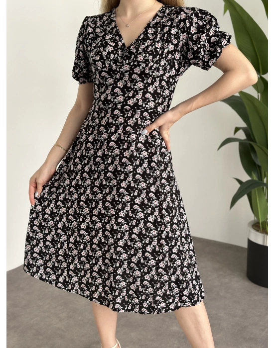 Karpuz Kol Midi Boy Pamuklu Viskon Elbise Siyah