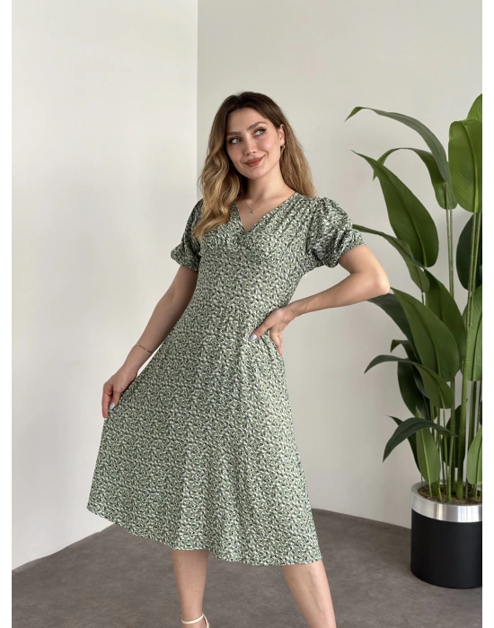 Karpuz Kol Midi Boy Pamuklu Viskon Elbise Yeşil