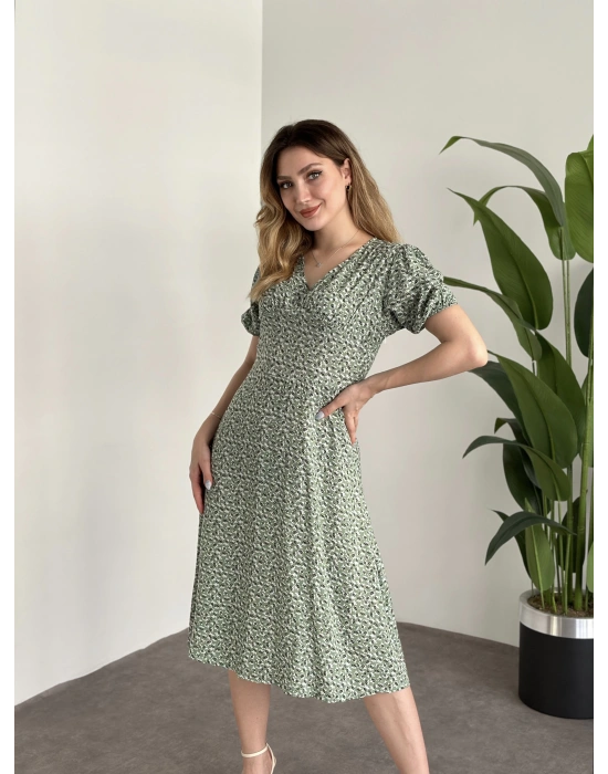 Karpuz Kol Midi Boy Pamuklu Viskon Elbise Yeşil