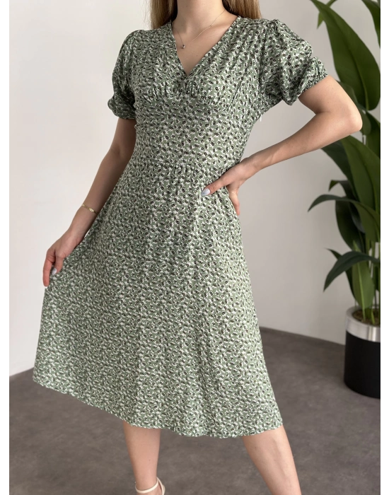 Karpuz Kol Midi Boy Pamuklu Viskon Elbise Yeşil