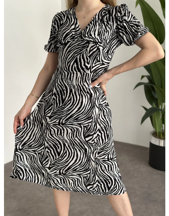 Karpuz Kol Midi Boy Pamuklu Viskon Elbise Zebra