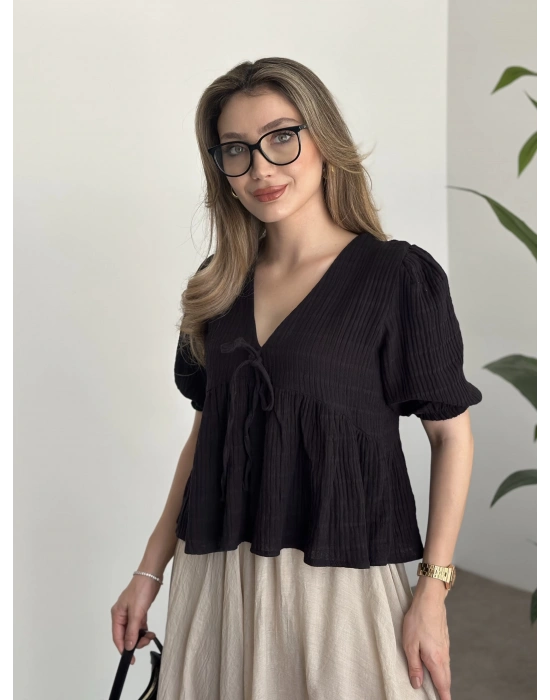 Karpuz kol müslim kumaş bluz siyah