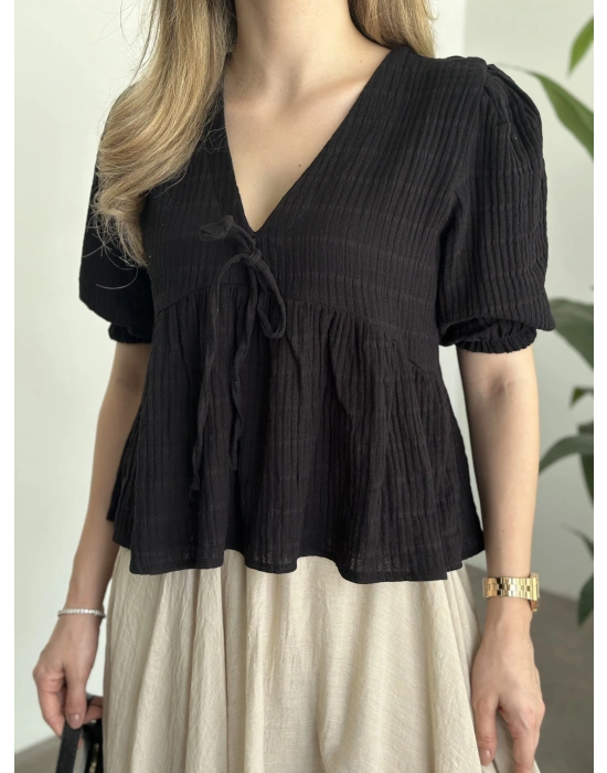 Karpuz kol müslim kumaş bluz siyah