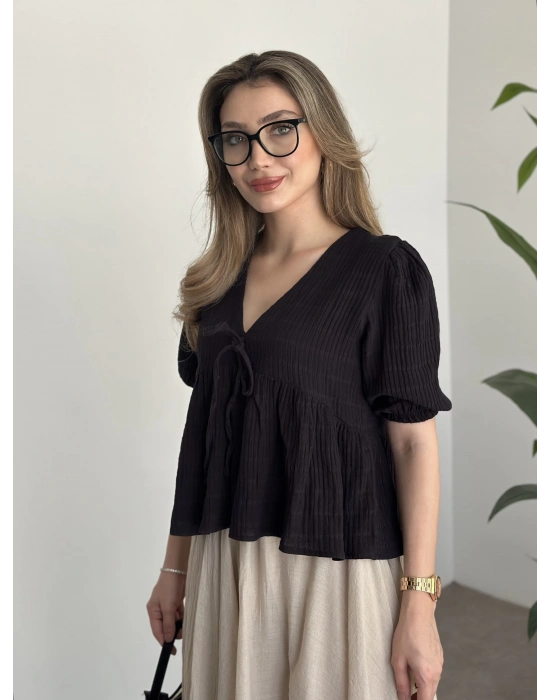 Karpuz kol müslim kumaş bluz siyah