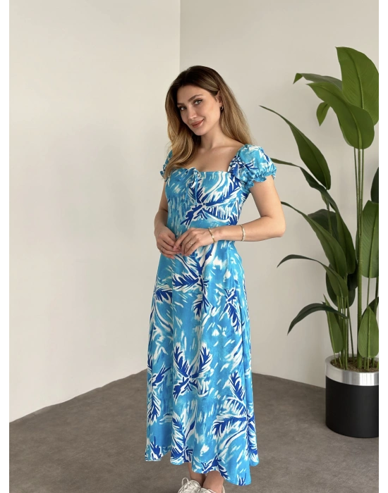 Karpuz Kol Önden Bağcıklı Pamuklu Viskon Elbise Deniz Mavisi