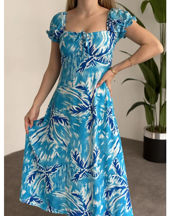 Karpuz Kol Önden Bağcıklı Pamuklu Viskon Elbise Deniz Mavisi