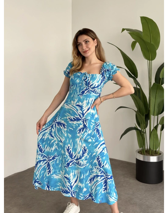 Karpuz Kol Önden Bağcıklı Pamuklu Viskon Elbise Deniz Mavisi