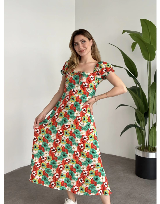 Karpuz Kol Önden Bağcıklı Pamuklu Viskon Elbise Yeşil Kırmızı Çiçekli