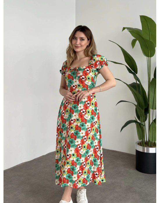 Karpuz Kol Önden Bağcıklı Pamuklu Viskon Elbise Yeşil Kırmızı Çiçekli
