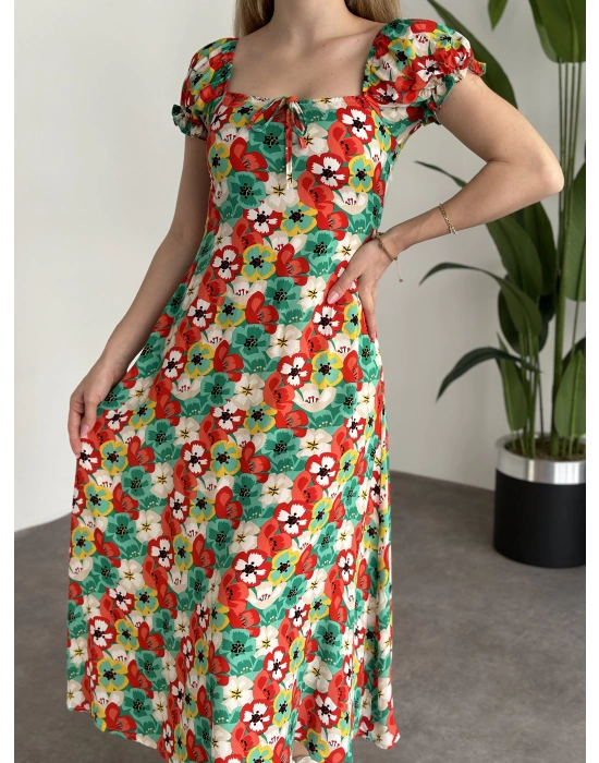 Karpuz Kol Önden Bağcıklı Pamuklu Viskon Elbise Yeşil Kırmızı Çiçekli