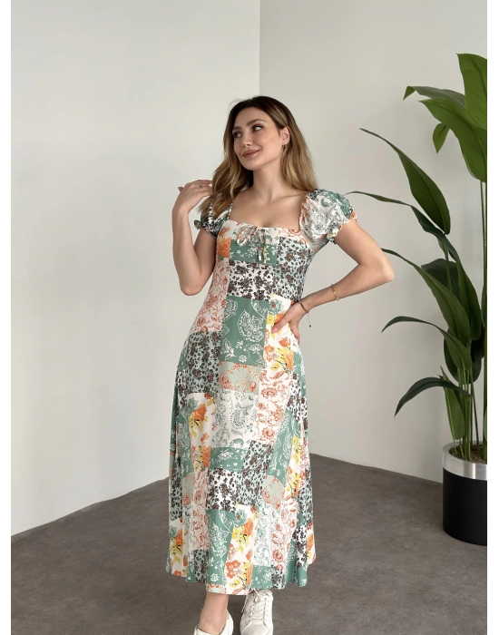 Karpuz Kol Önden Bağcıklı Pamuklu Viskon Elbise Yeşil Motifli