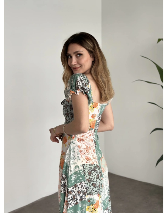 Karpuz Kol Önden Bağcıklı Pamuklu Viskon Elbise Yeşil Motifli