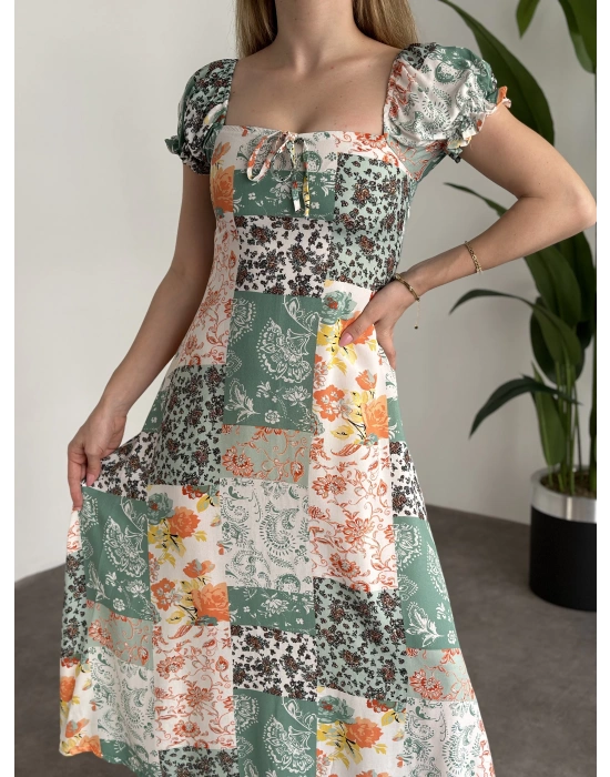 Karpuz Kol Önden Bağcıklı Pamuklu Viskon Elbise Yeşil Motifli