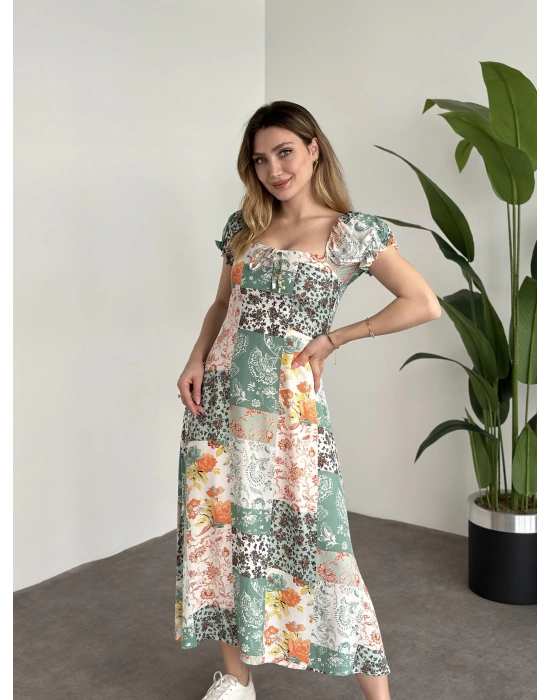 Karpuz Kol Önden Bağcıklı Pamuklu Viskon Elbise Yeşil Motifli