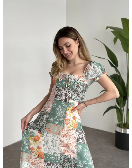 Karpuz Kol Önden Bağcıklı Pamuklu Viskon Elbise Yeşil Motifli
