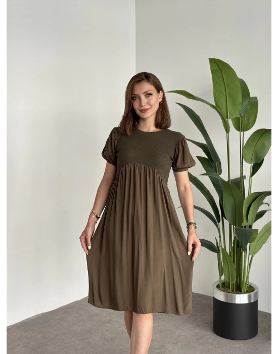 karpuz kol üstü kaşkorse altı viskon kumaş midi elbise Haki