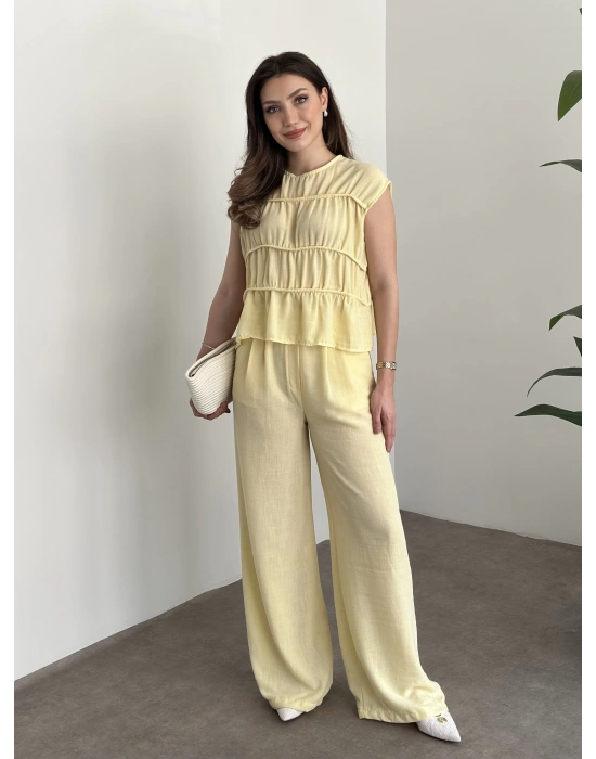 Kat detaylı sıfır kol keten takım sarı