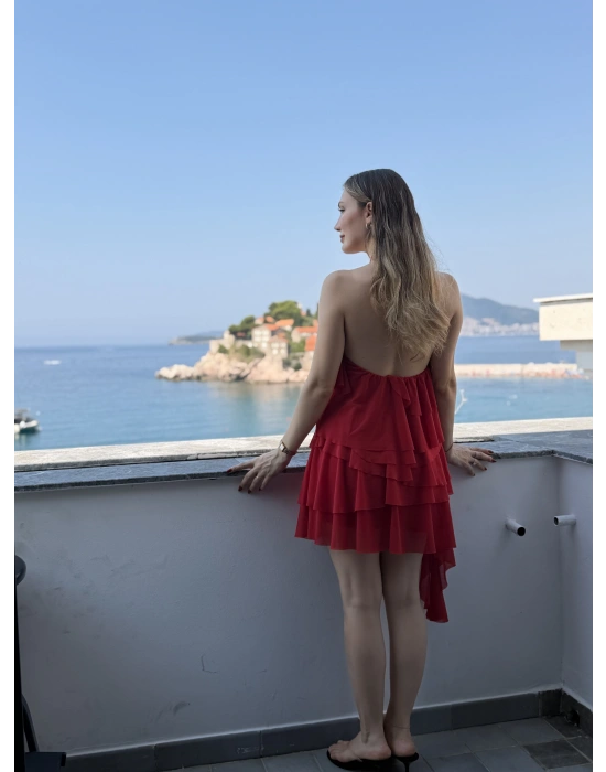 Kat kat volanlı etek ucu uzun elbise kırmızı