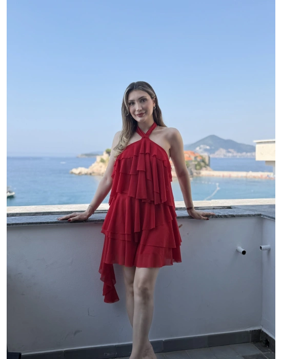Kat kat volanlı etek ucu uzun elbise kırmızı