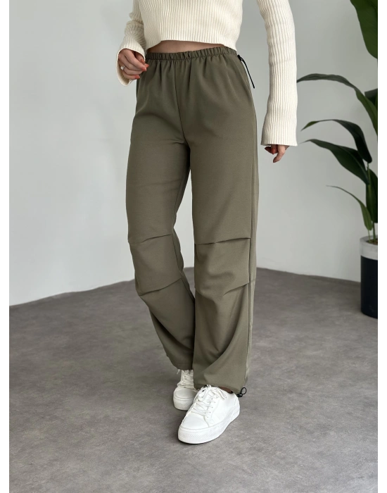 Katlamalı lastik ayarlamalı terikoton kumaş pantolon Haki