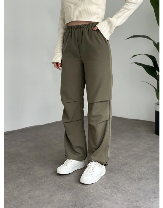 Katlamalı lastik ayarlamalı terikoton kumaş pantolon Haki