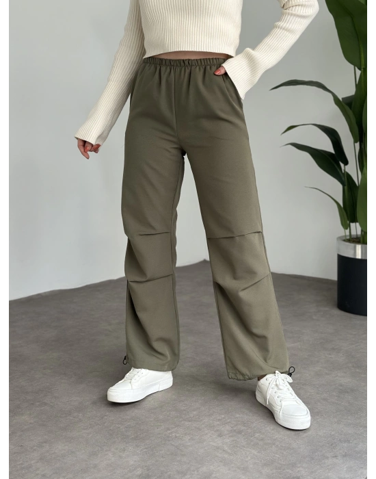 Katlamalı lastik ayarlamalı terikoton kumaş pantolon Haki