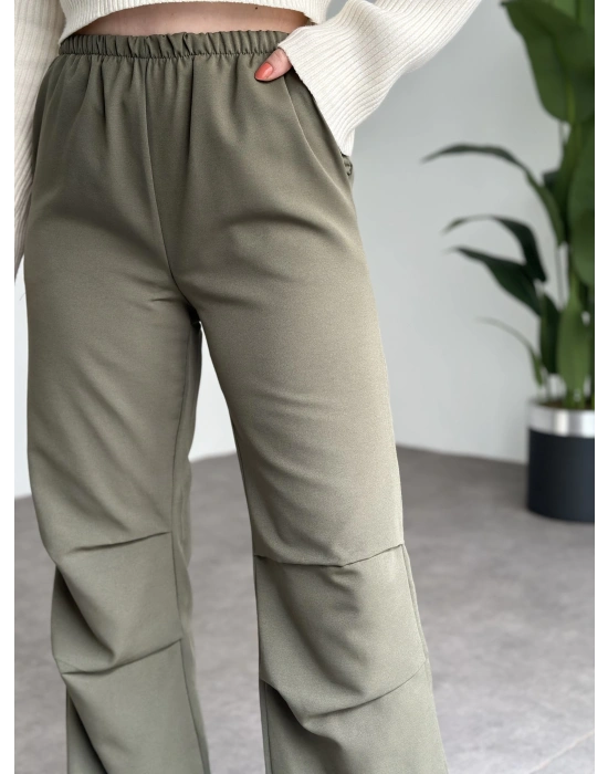 Katlamalı lastik ayarlamalı terikoton kumaş pantolon Haki