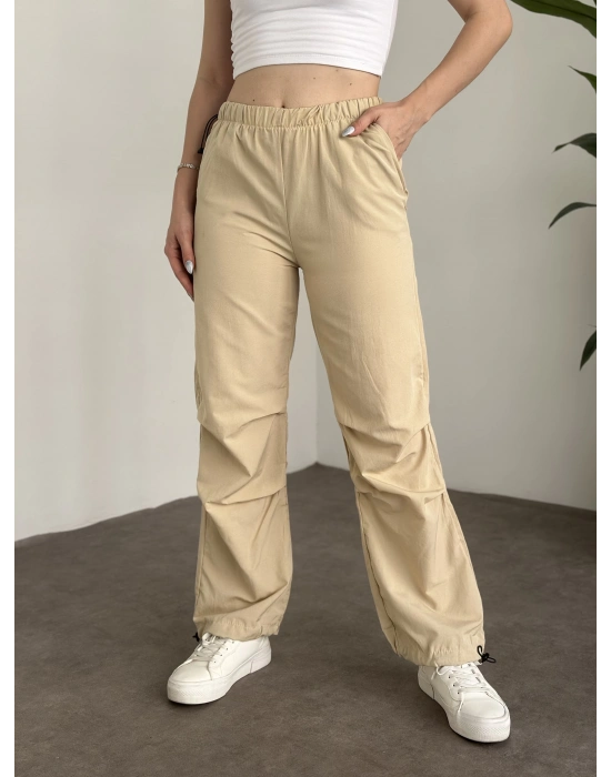Katlamalı lastik ayarlamalı terikoton kumaş pantolon Krem