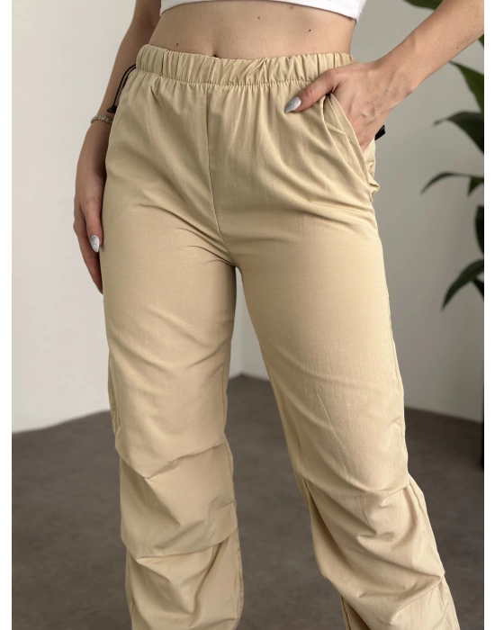 Katlamalı lastik ayarlamalı terikoton kumaş pantolon Krem