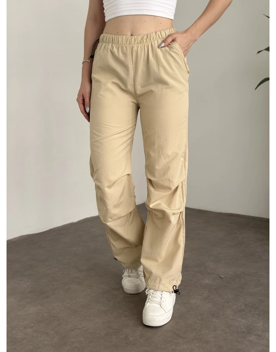 Katlamalı lastik ayarlamalı terikoton kumaş pantolon Krem