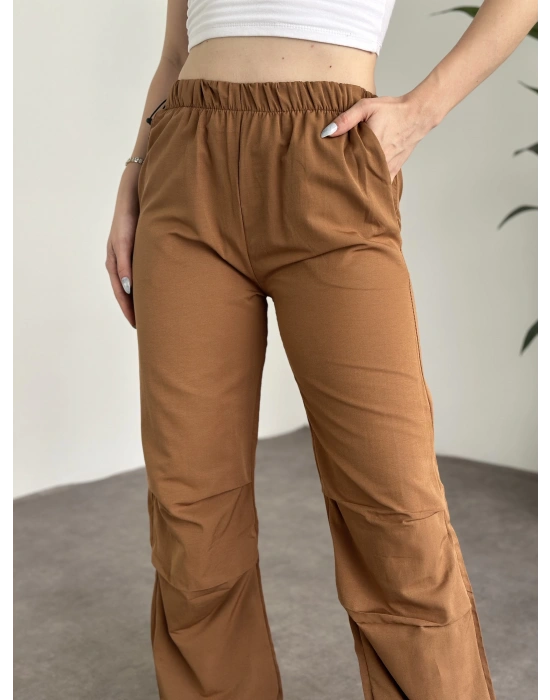 Katlamalı lastik ayarlamalı terikoton kumaş pantolon Taba