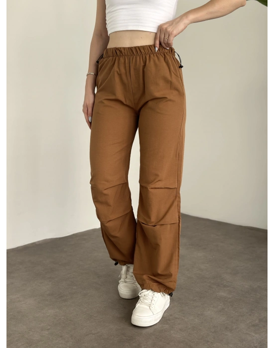 Katlamalı lastik ayarlamalı terikoton kumaş pantolon Taba