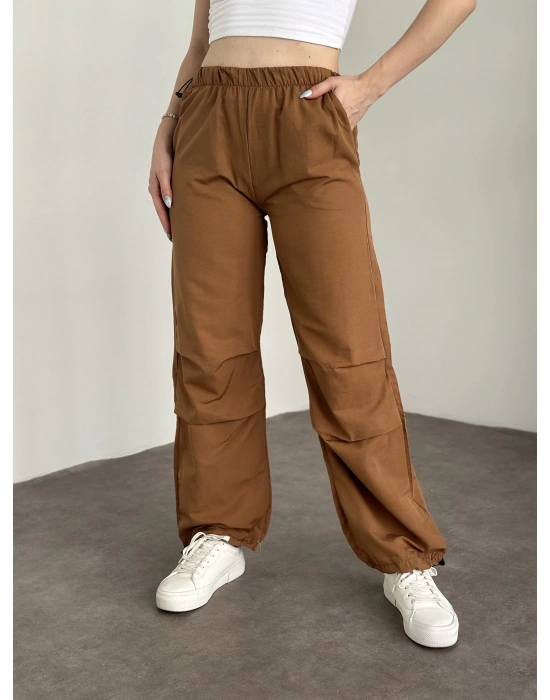 Katlamalı lastik ayarlamalı terikoton kumaş pantolon Taba