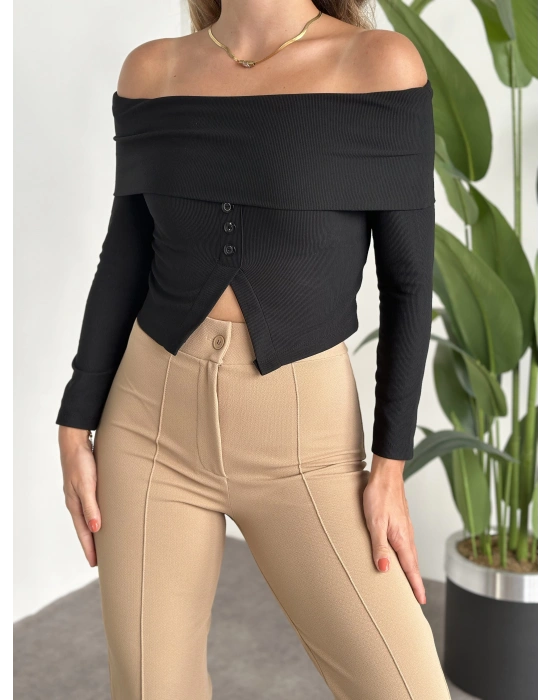 Kayık Yaka Crop Düğmeli Bluz Siyah