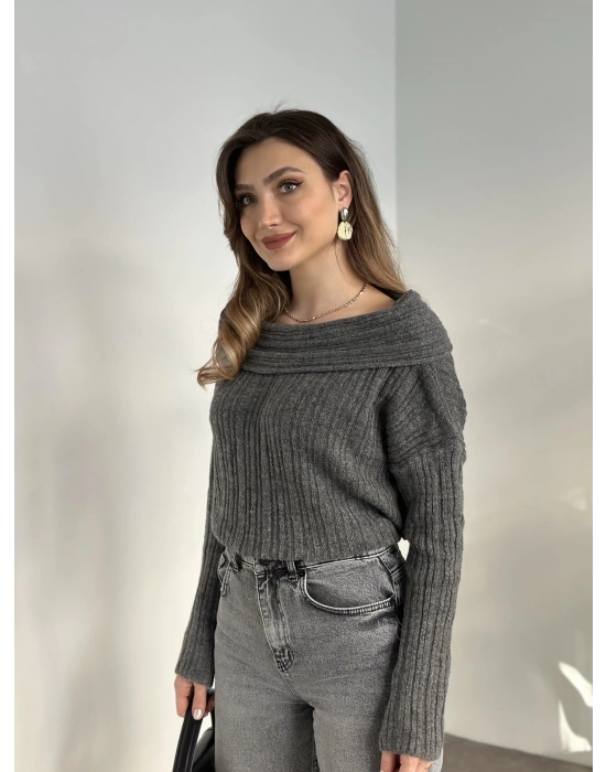 Kayık yaka fitilli yünlü kazak antrasit