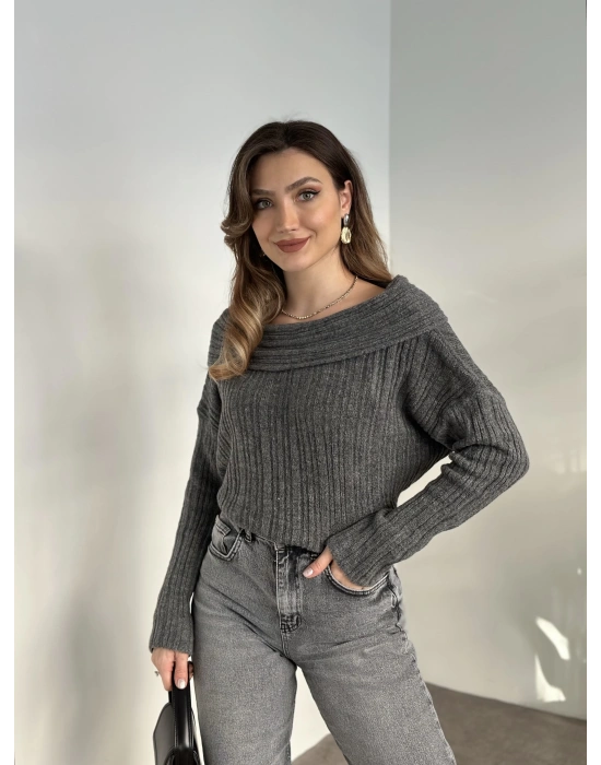 Kayık yaka fitilli yünlü kazak antrasit