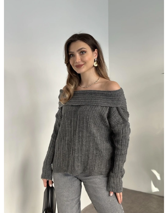 Kayık yaka fitilli yünlü kazak antrasit