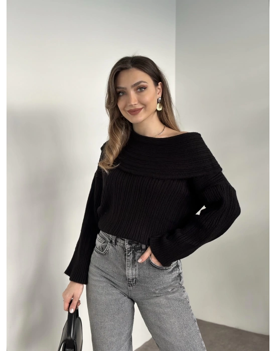 Kayık yaka fitilli yünlü kazak siyah