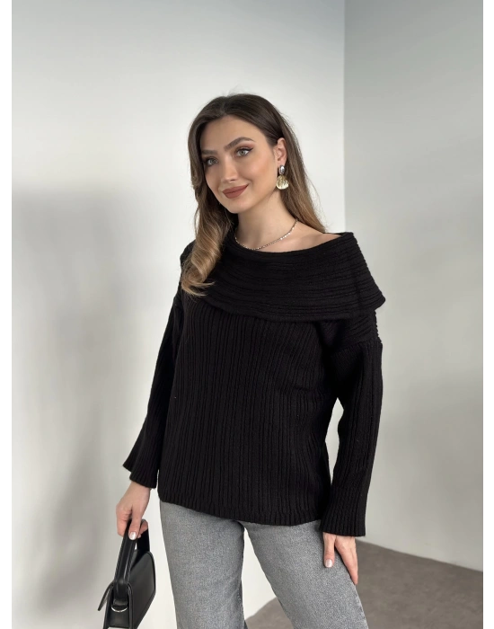 Kayık yaka fitilli yünlü kazak siyah