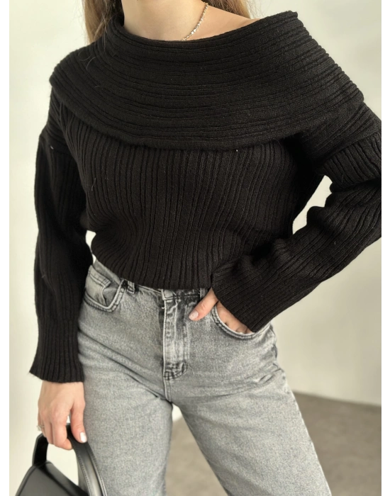 Kayık yaka fitilli yünlü kazak siyah