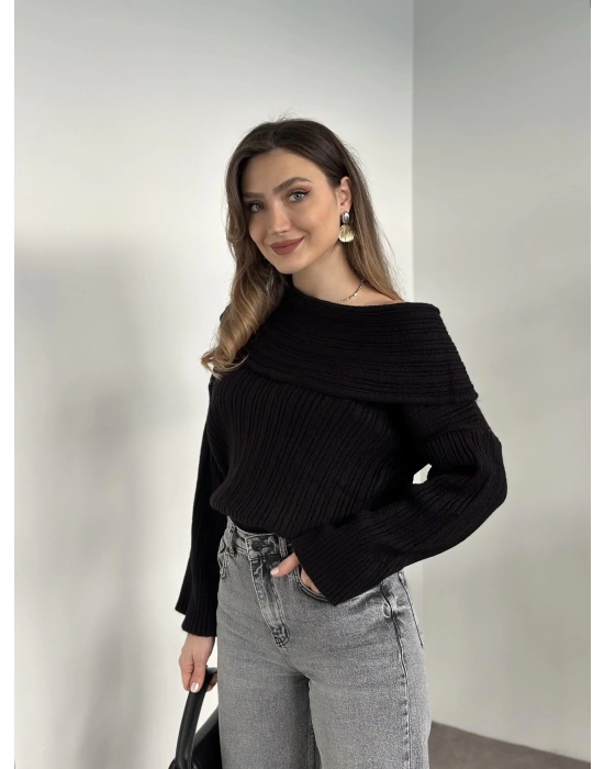 Kayık yaka fitilli yünlü kazak siyah