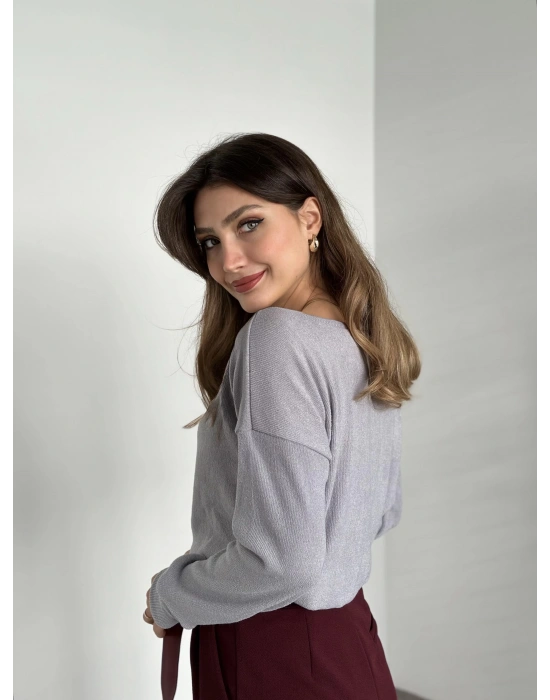 Kayık yaka ince triko gri